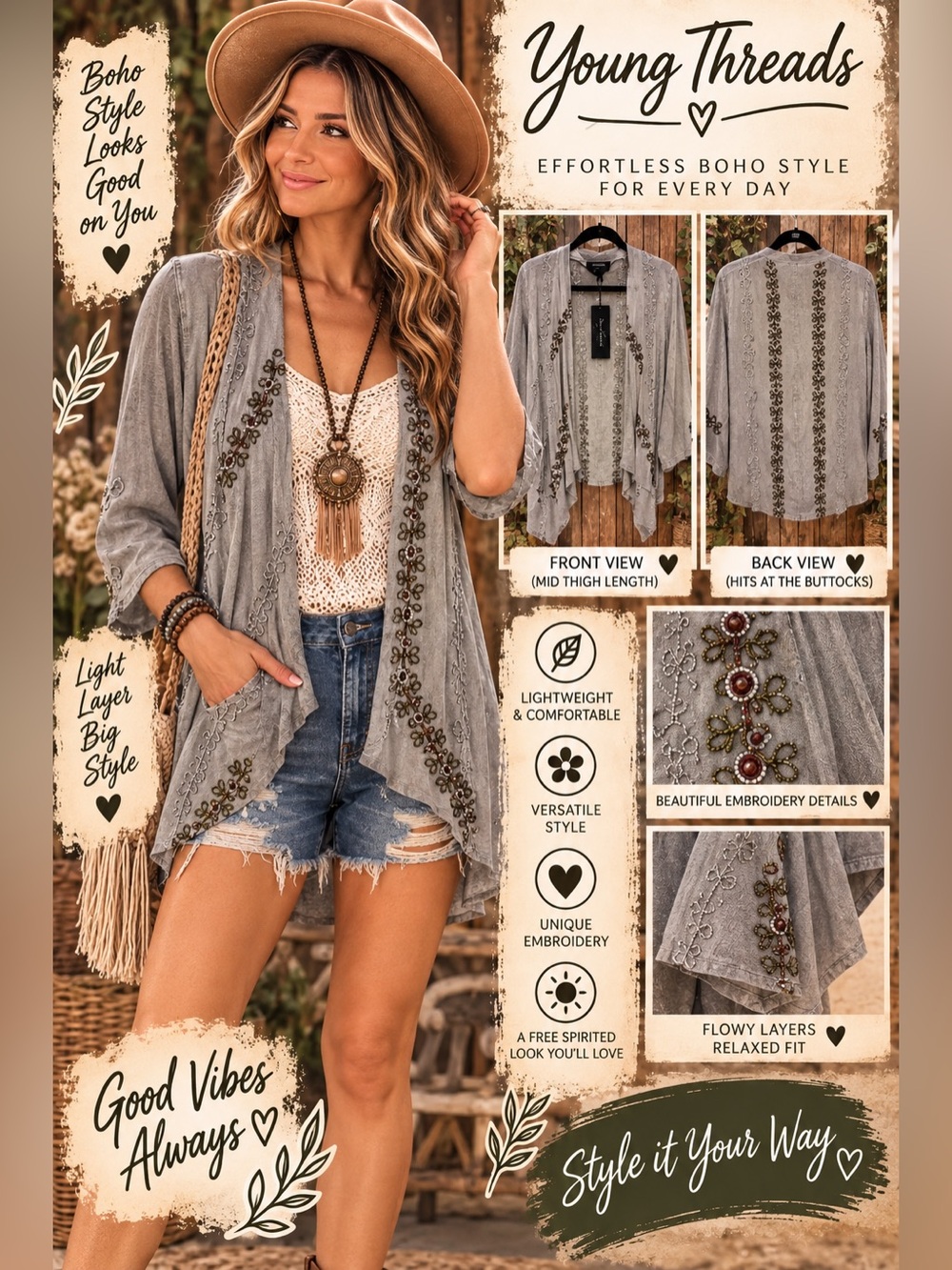 Boho Embroidered Light Gray Open Shawl Cardigan